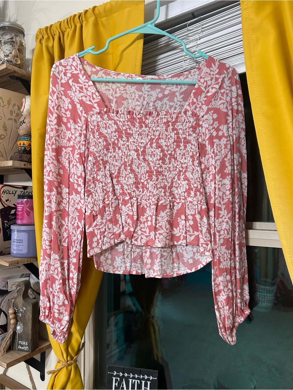 Floral Smocked Square-Neck Long Sleeve Top - Pink